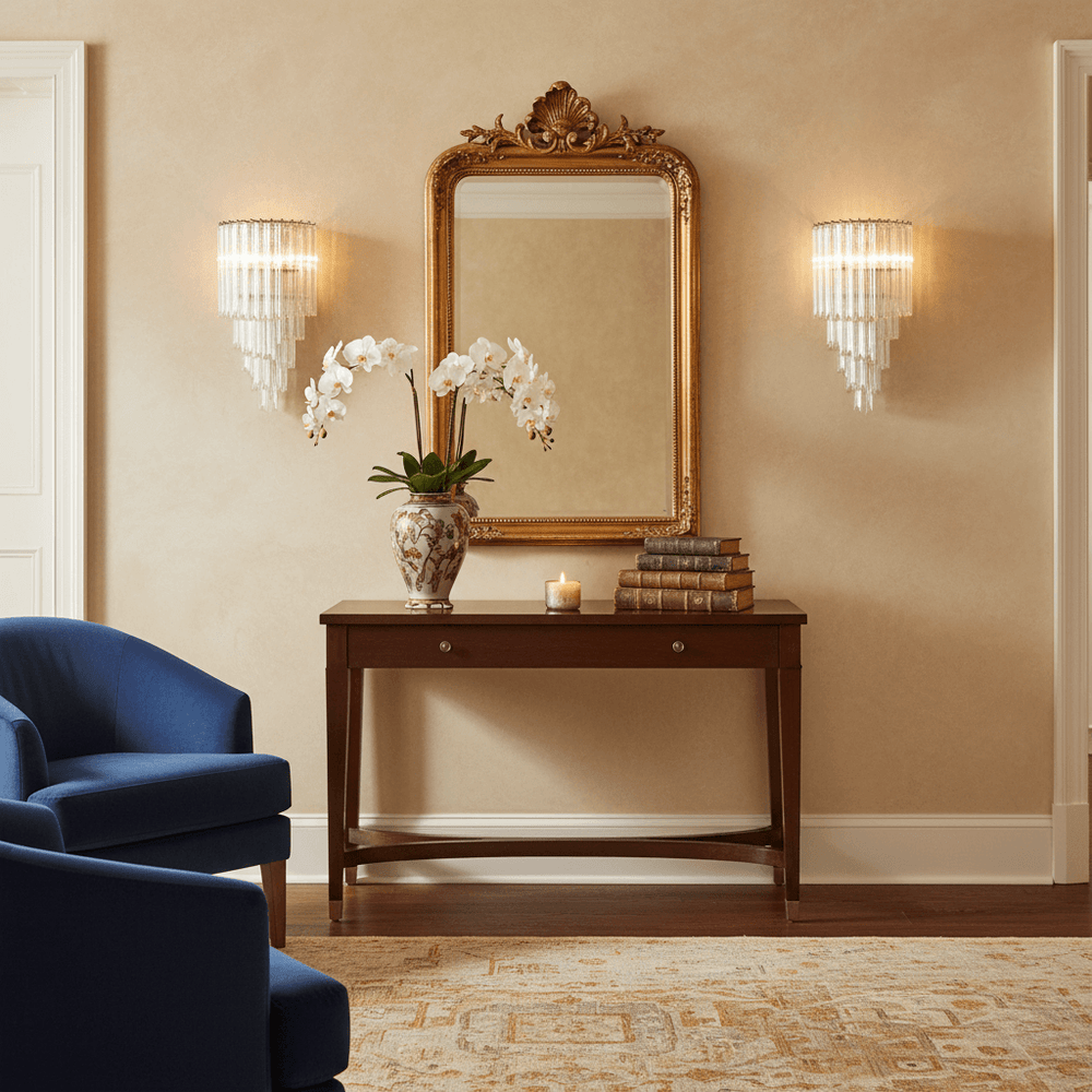 Luxurious room with Italian Tiered Glass and Polished Nickel Wall Sconce, ornate mirror, and elegant decor.