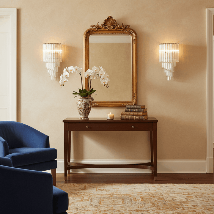 Luxurious room with Italian Tiered Glass and Polished Nickel Wall Sconce, ornate mirror, and elegant decor.