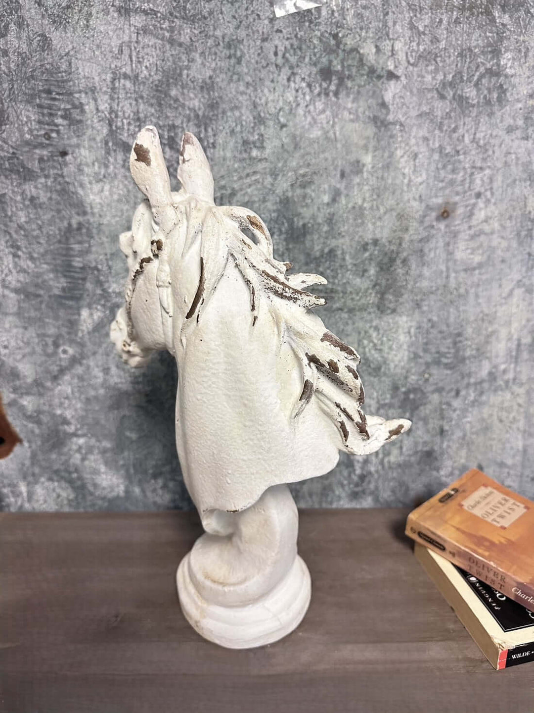 Old World Horse Head Bust Sculpture with distressed white finish on a rustic table, perfect for classic manor interiors.