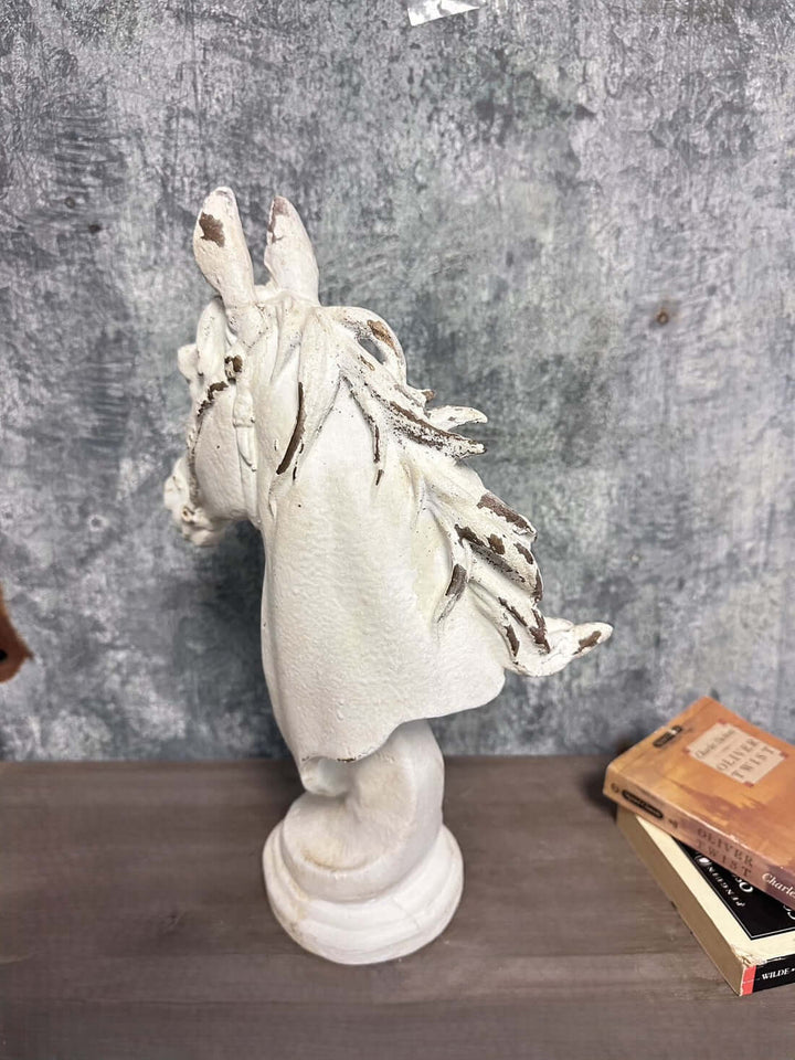 Old World Horse Head Bust Sculpture with distressed white finish on a rustic table, perfect for classic manor interiors.