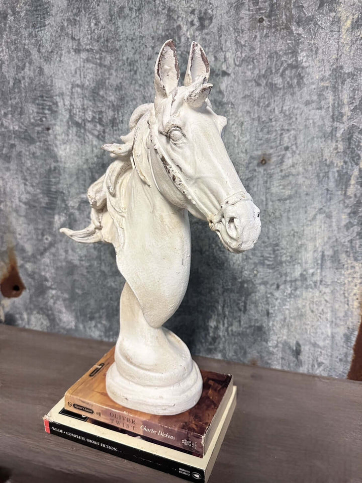 Old World Horse Head Bust Sculpture on a shelf, classical equestrian decor with distressed white finish, perfect for refined interiors.
