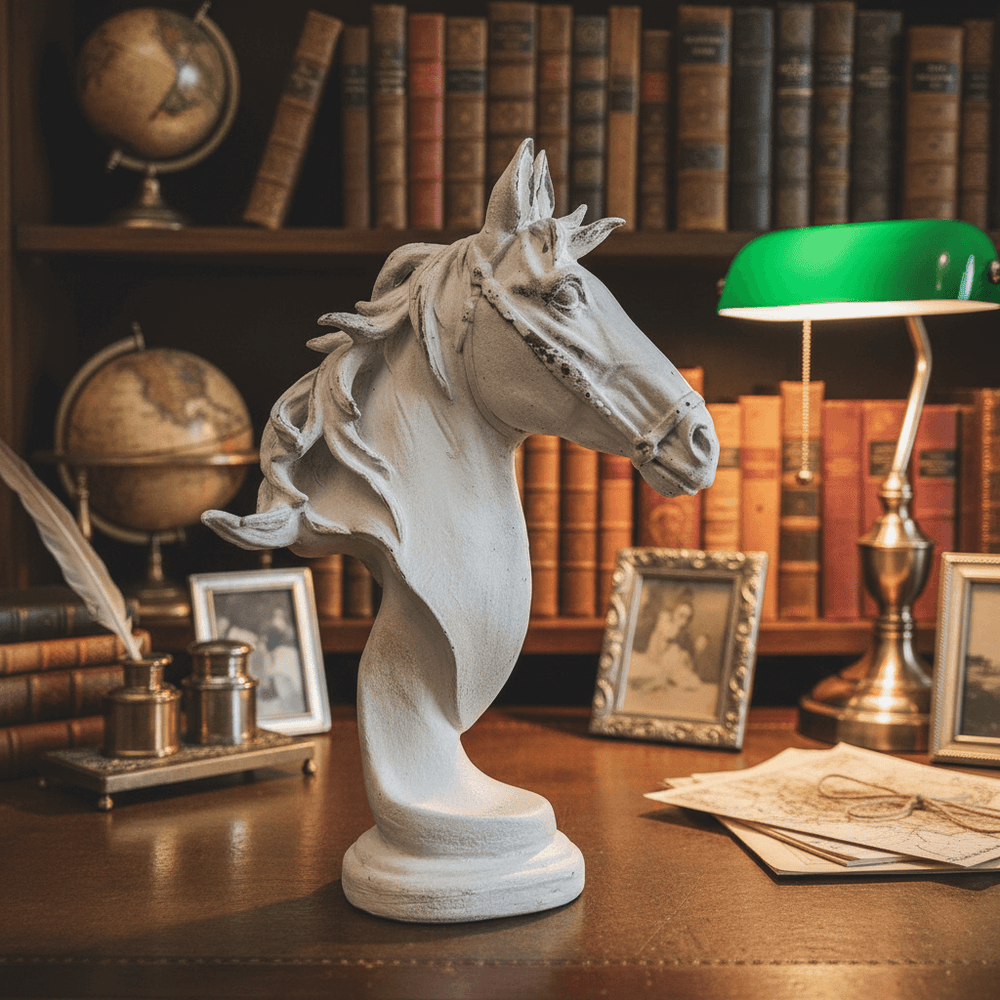 Old World Horse Head Bust Sculpture on desk in study with books and globe