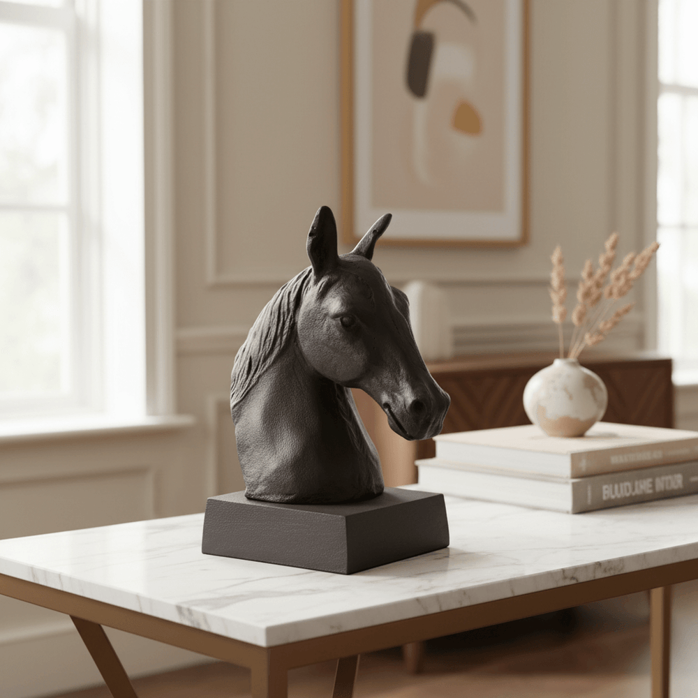 Old World Horse Head Sculpture in Cast Aluminum on elegant marble table in classic interior setting, evoking timeless European charm.