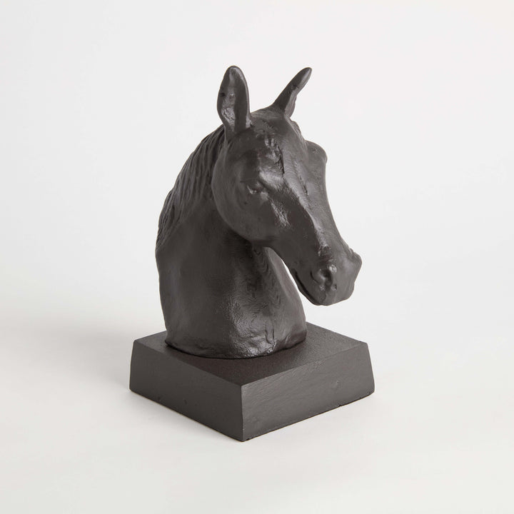 Old World Horse Head Sculpture in Cast Aluminum with dark, burnished finish on display
