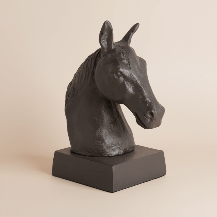 Old World Horse Head Sculpture in Cast Aluminum with a dark, burnished finish, ideal for manor interiors and scholarly accents.