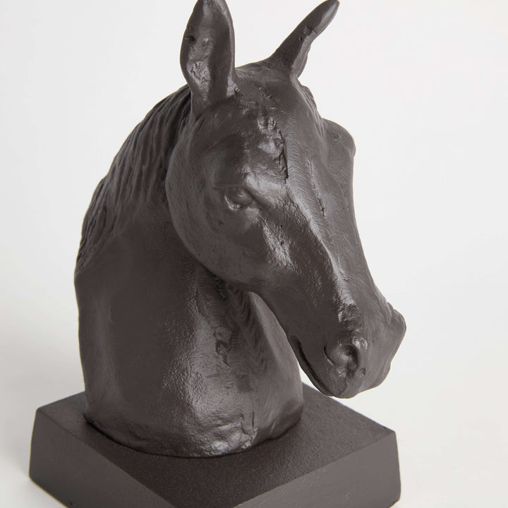 Old World Horse Head Sculpture in Cast Aluminum with dark, burnished finish, ideal for manor interiors and scholarly settings.