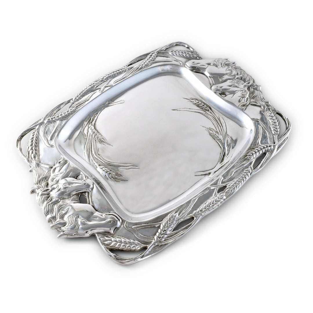 Elegant Old World Horse Serving Tray with sculptural horse motifs, ideal for adding a regal touch to manor house entertaining.