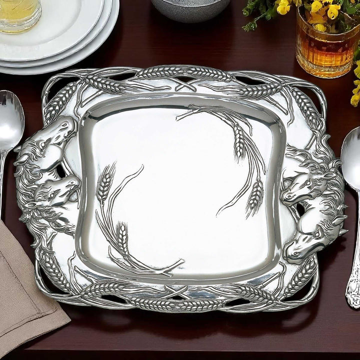 Old World Horse Serving Tray with equestrian design and wheat accents on a silver plate, enhancing manor house elegance.