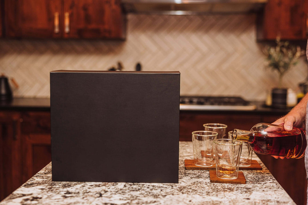 Old World Whiskey Decanter and Glass Set in Faux Leather Case on kitchen counter