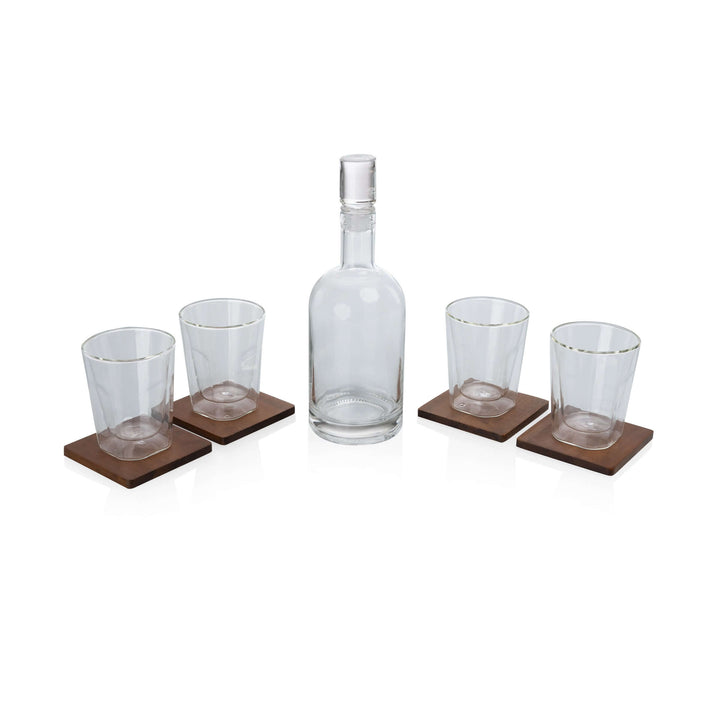 Old World Whiskey Decanter and Glass Set in Faux Leather Case with decanter and four glasses on coasters