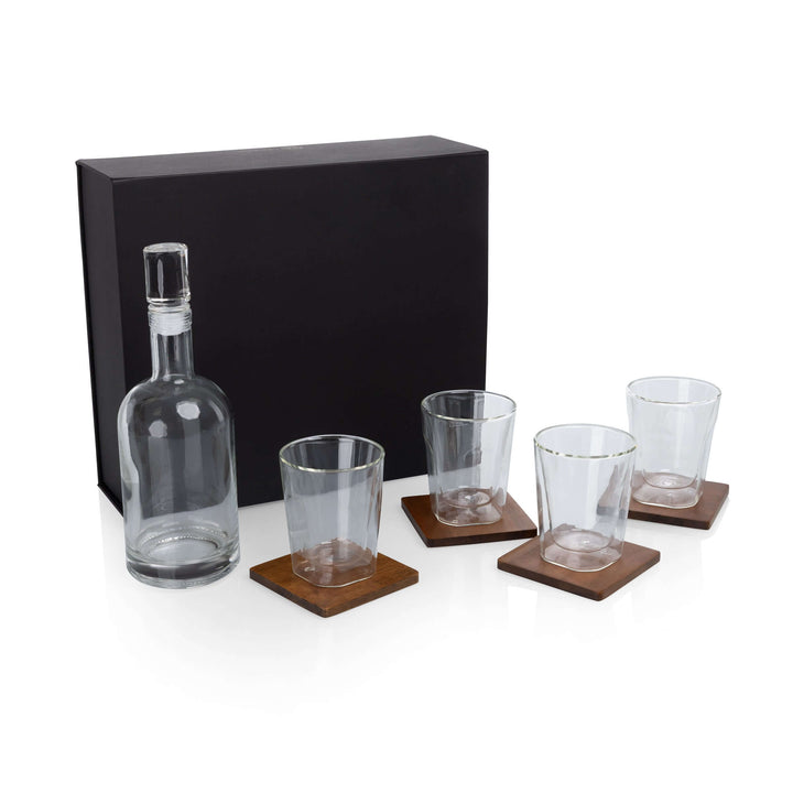 Old World Whiskey Decanter and Glass Set in Faux Leather Case with coasters, perfect for modern connoisseurs seeking vintage elegance.