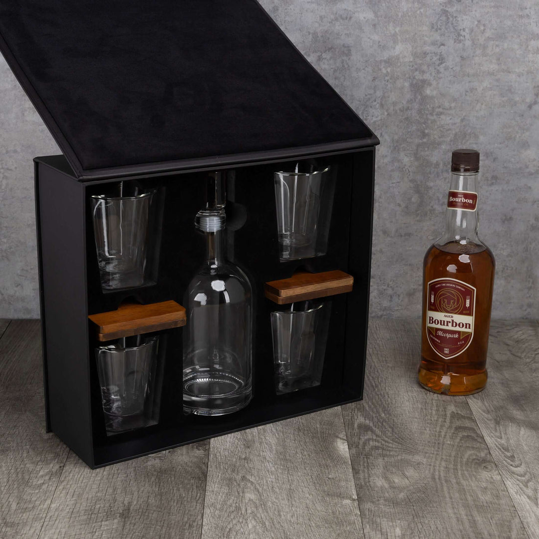Old World Whiskey Decanter and Glass Set in Faux Leather Case displayed with bottle on wooden surface