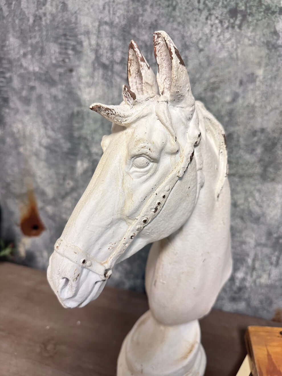Old World Horse Head Bust Sculpture in distressed white, ideal for refined manor interior decoration.