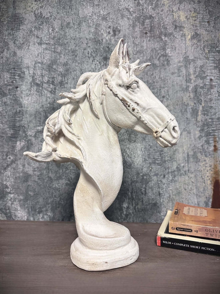 Old World Horse Head Bust Sculpture with distressed white finish, ideal for refined manor interiors, displayed on a wooden console.