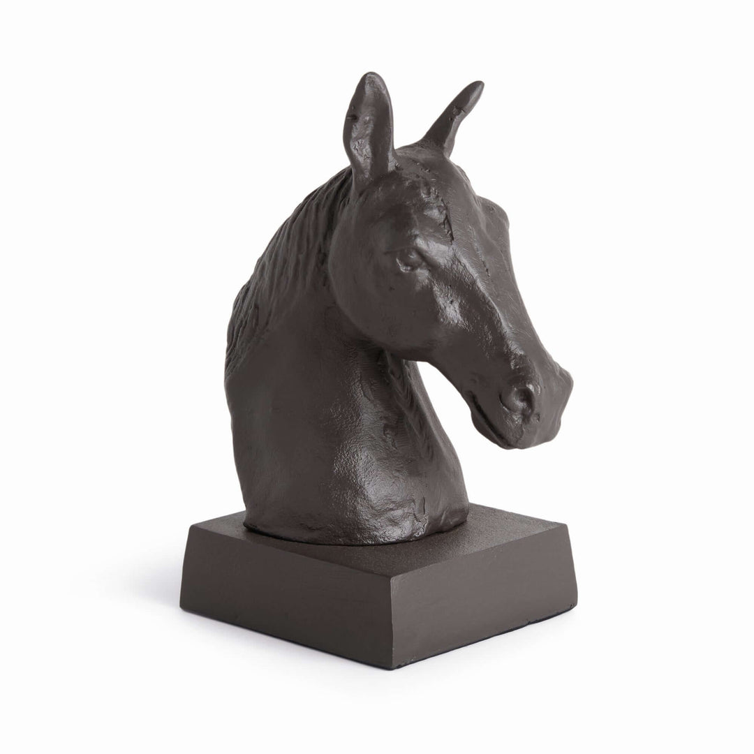 Old World Horse Head Sculpture in Cast Aluminum with dark burnished finish on display