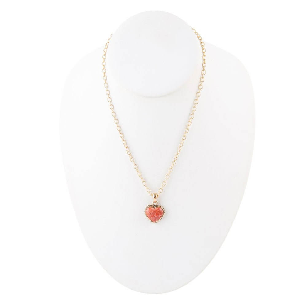 Orange Sponge Coral Heart Pendant and Golden Bronze Necklace