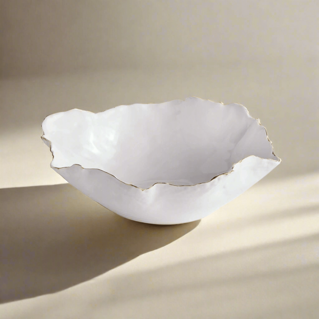 Organic shape ceramic bowl with gold trim, capturing nature's elegance with softly contoured edges, like a gentle ocean wave.