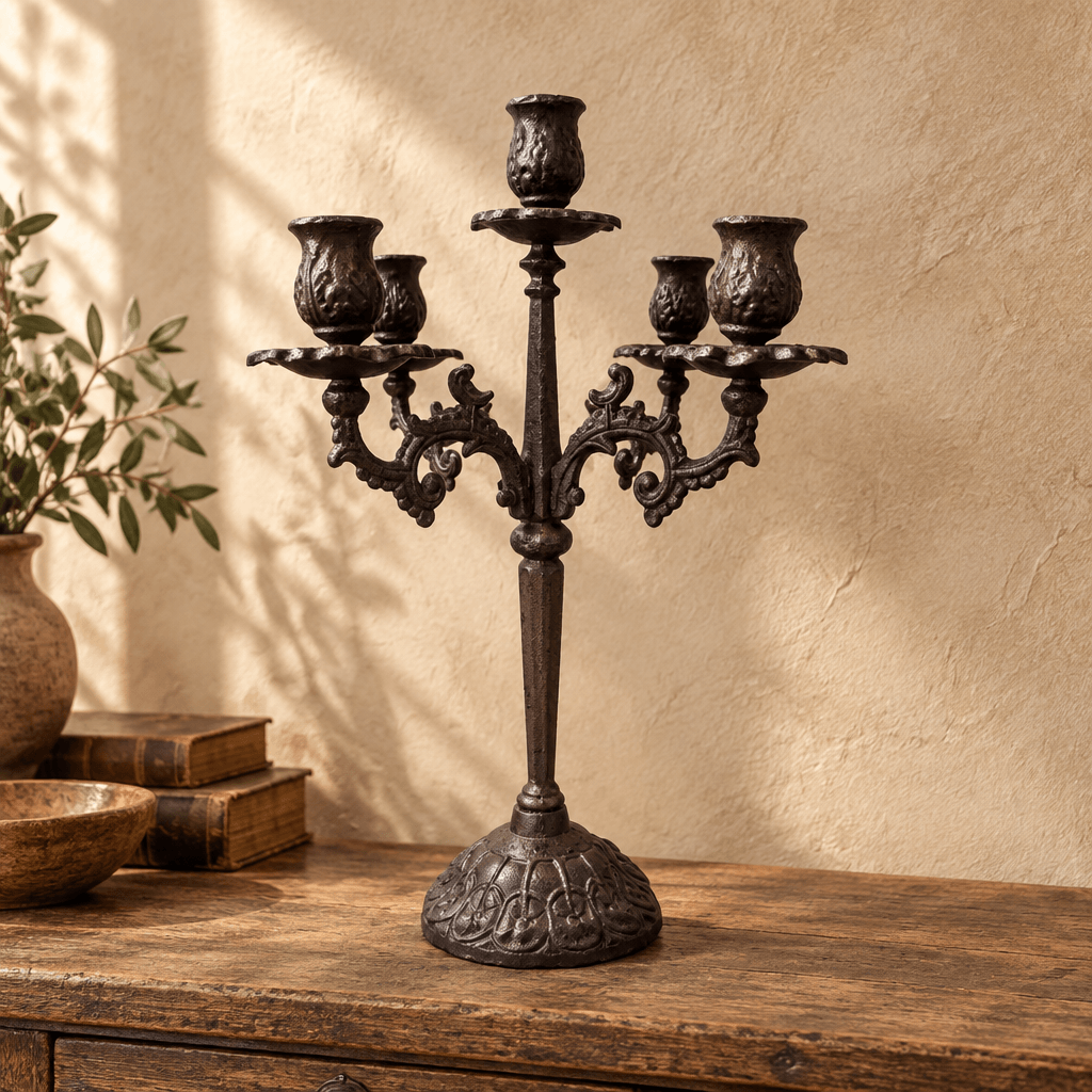 Ornate five-cup cast iron candelabra displayed on a weathered wooden console