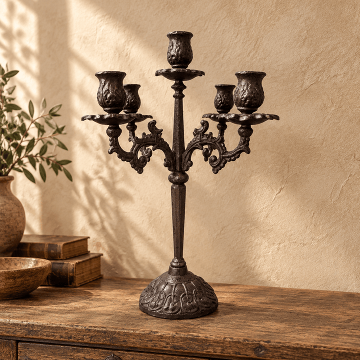 Ornate five-cup cast iron candelabra displayed on a weathered wooden console