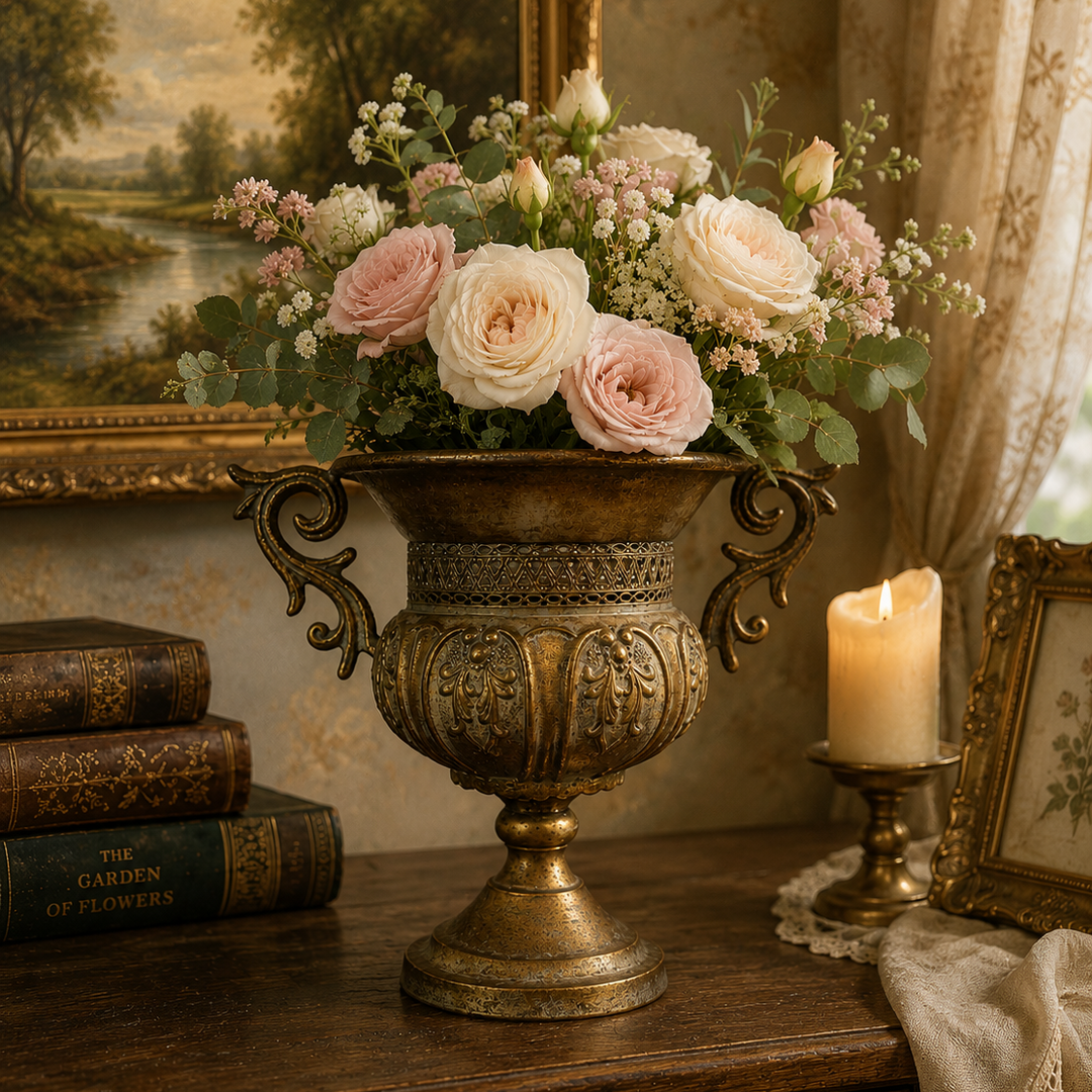 Ornate Gold Pedestal Urn Planter with Scroll Handles styled with roses
