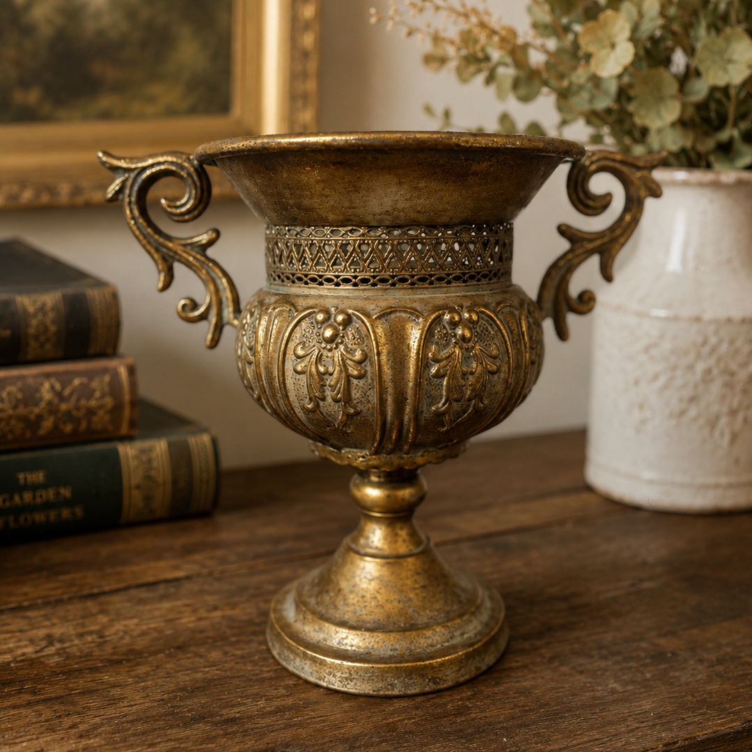 Unfilled gold pedestal urn showing the embossed body and scrolling handles