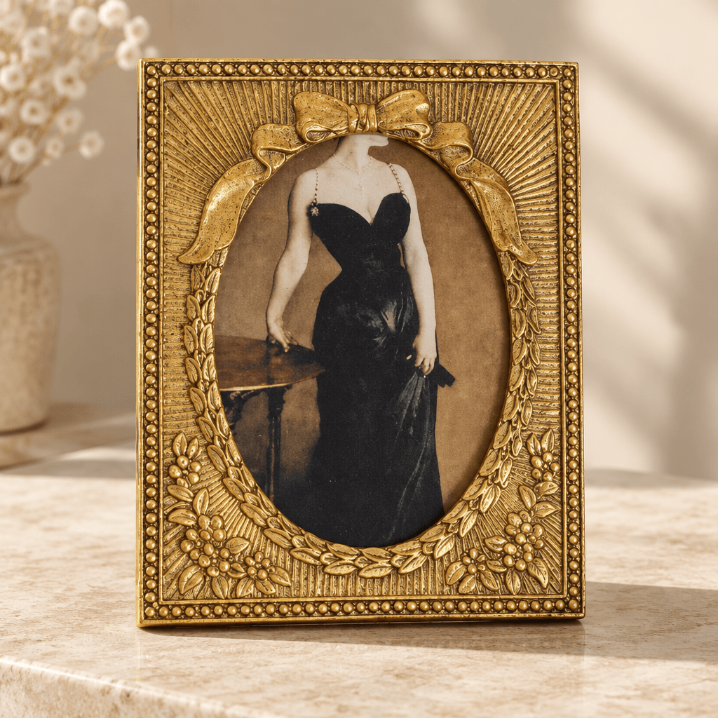 Close-up of the bow and decorative relief on an ornate gold resin photo frame
