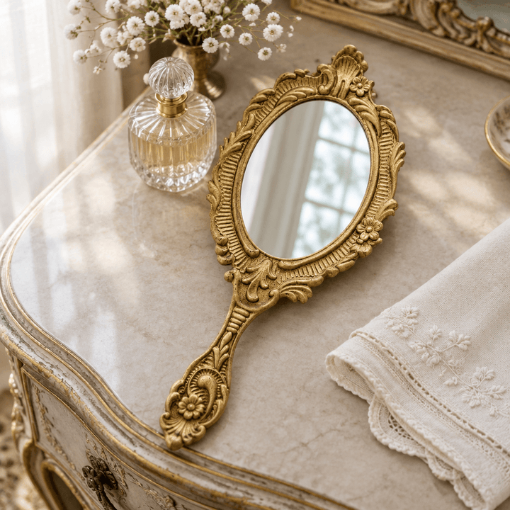Ornate gold-tone handheld mirror styled on a French-inspired vanity beside perfume and linen