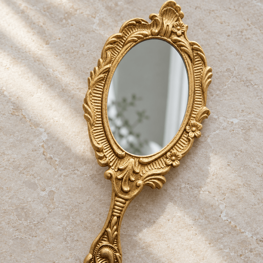 Close-up of the floral scrollwork and decorative handle on a gold-tone handheld mirror
