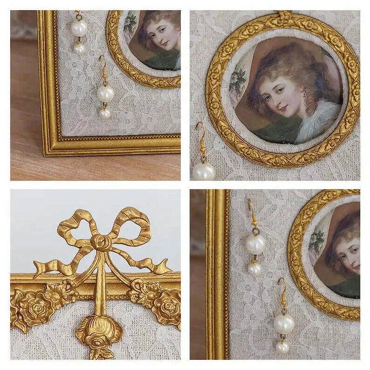 Detail views of ornate earring holder frame and lace panel
