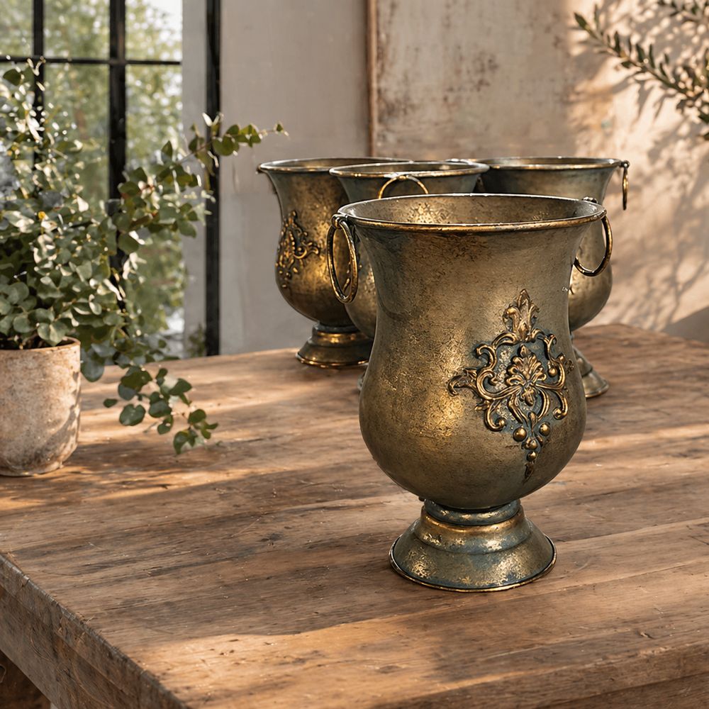 Empty Ornate Iron Urn Planter with Ring Handles showing its floral medallion
