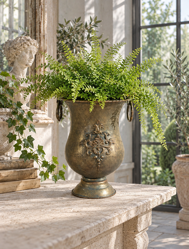 Ornate Iron Urn Planter with Ring Handles holding a fern in a bright conservatory
