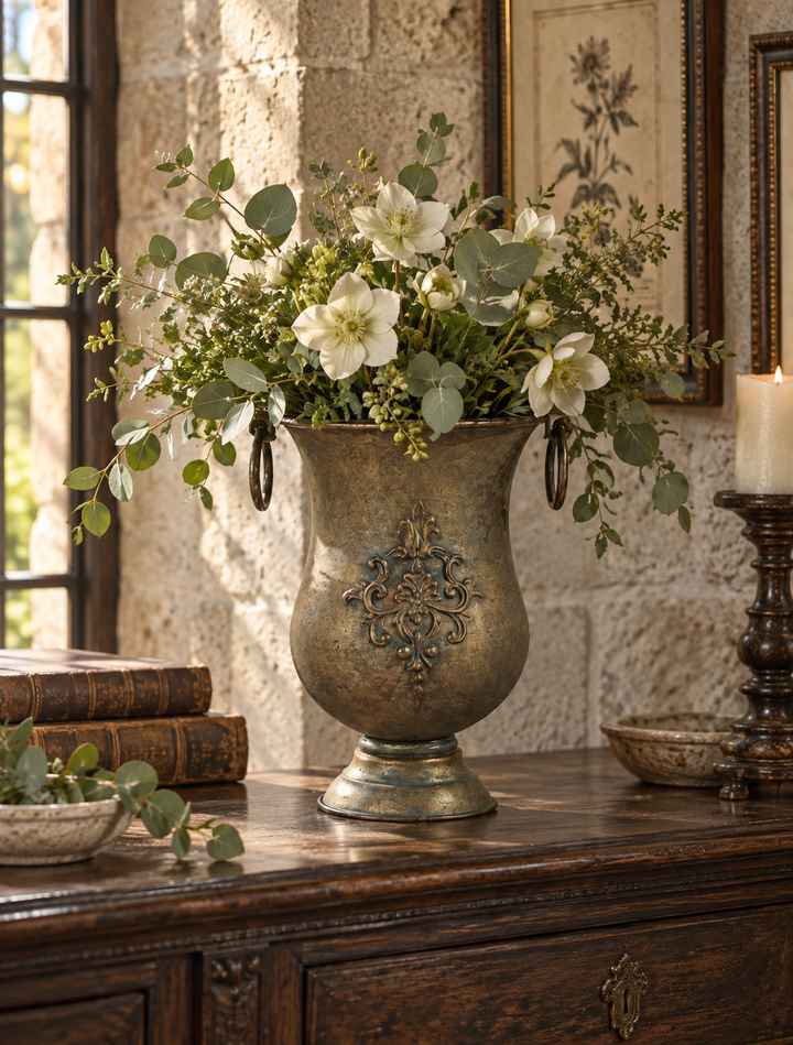 Ornate Iron Urn Planter with Ring Handles with white flowers on a manor console