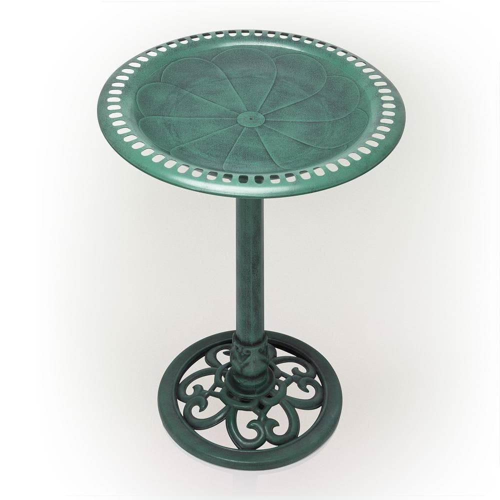Antique Green Bronze Bird Bath with Pedestal Base featuring scalloped bowl and classic design for garden decor.