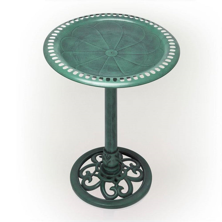 Antique Green Bronze Bird Bath with Pedestal Base featuring scalloped bowl and classic design for garden decor.