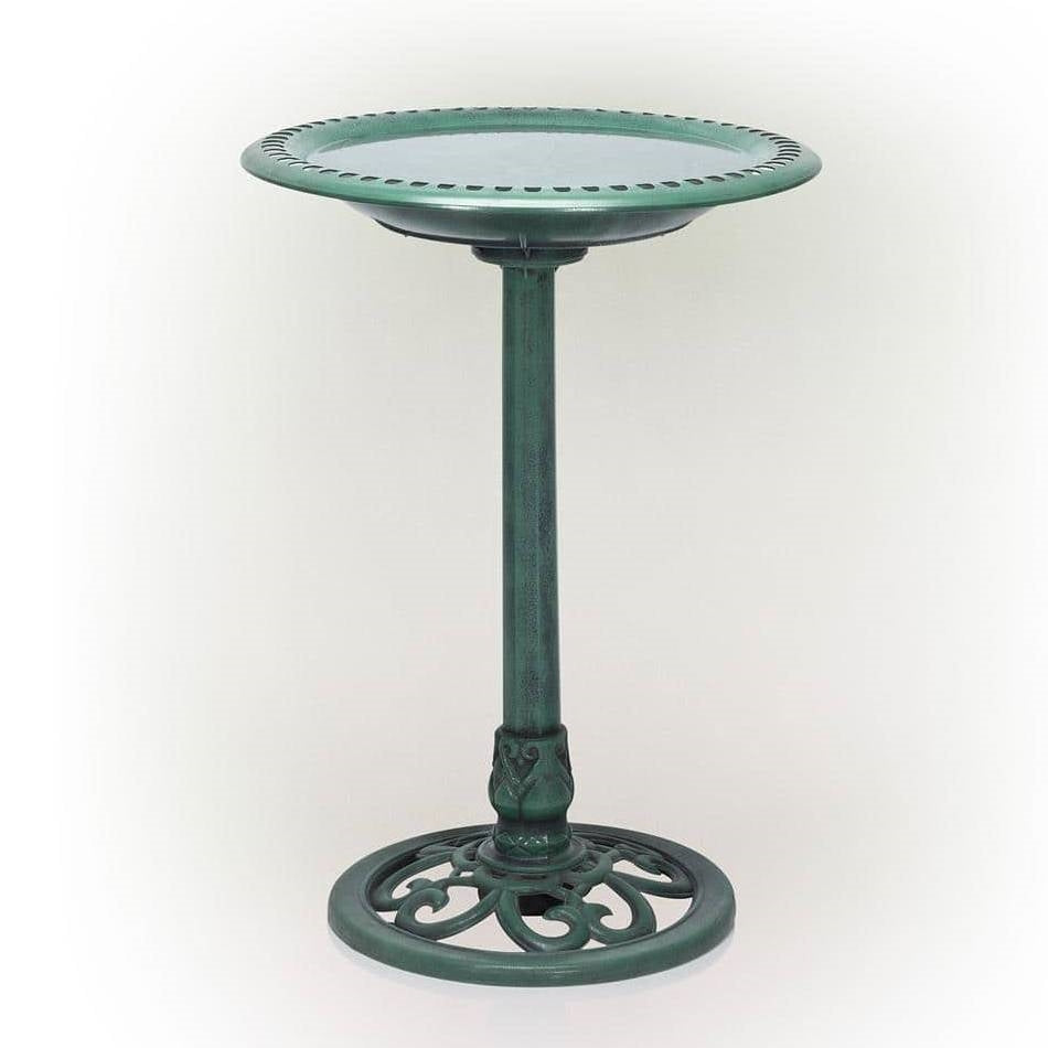 Antique Green Bronze Bird Bath with Pedestal Base in garden setting
