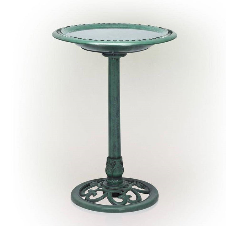 Antique Green Bronze Bird Bath with Pedestal Base in garden setting