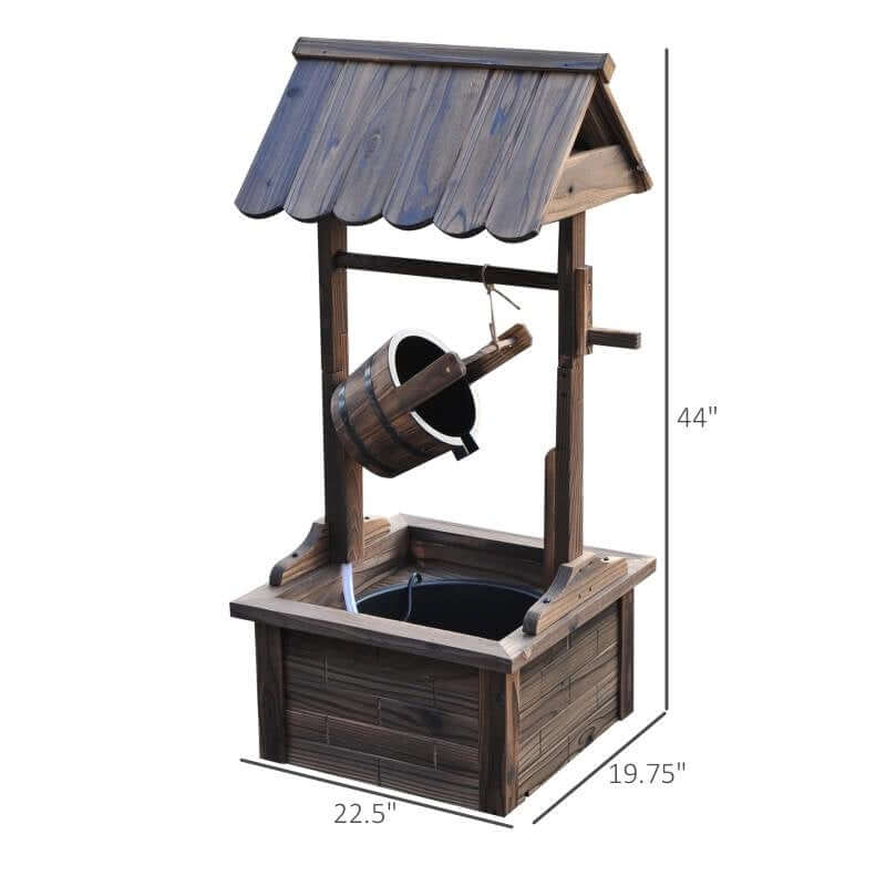 Outdoor Garden Wishing Well Water Fountain with dimensions 44" x 19.75" x 22.5", featuring a wooden bucket and adjustable water flow.