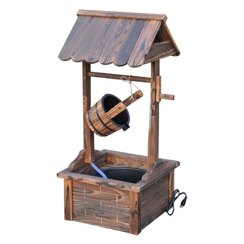 Outdoor Garden Wishing Well Water Fountain with wooden bucket and electric pump for continuous water flow in garden decor.