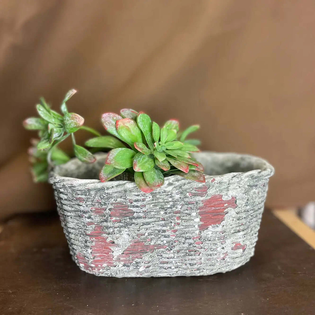 Large Concrete Oval Container with Basket Motif
