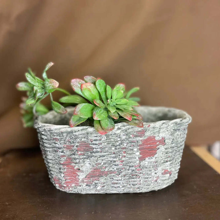 Large Concrete Oval Container with Basket Motif