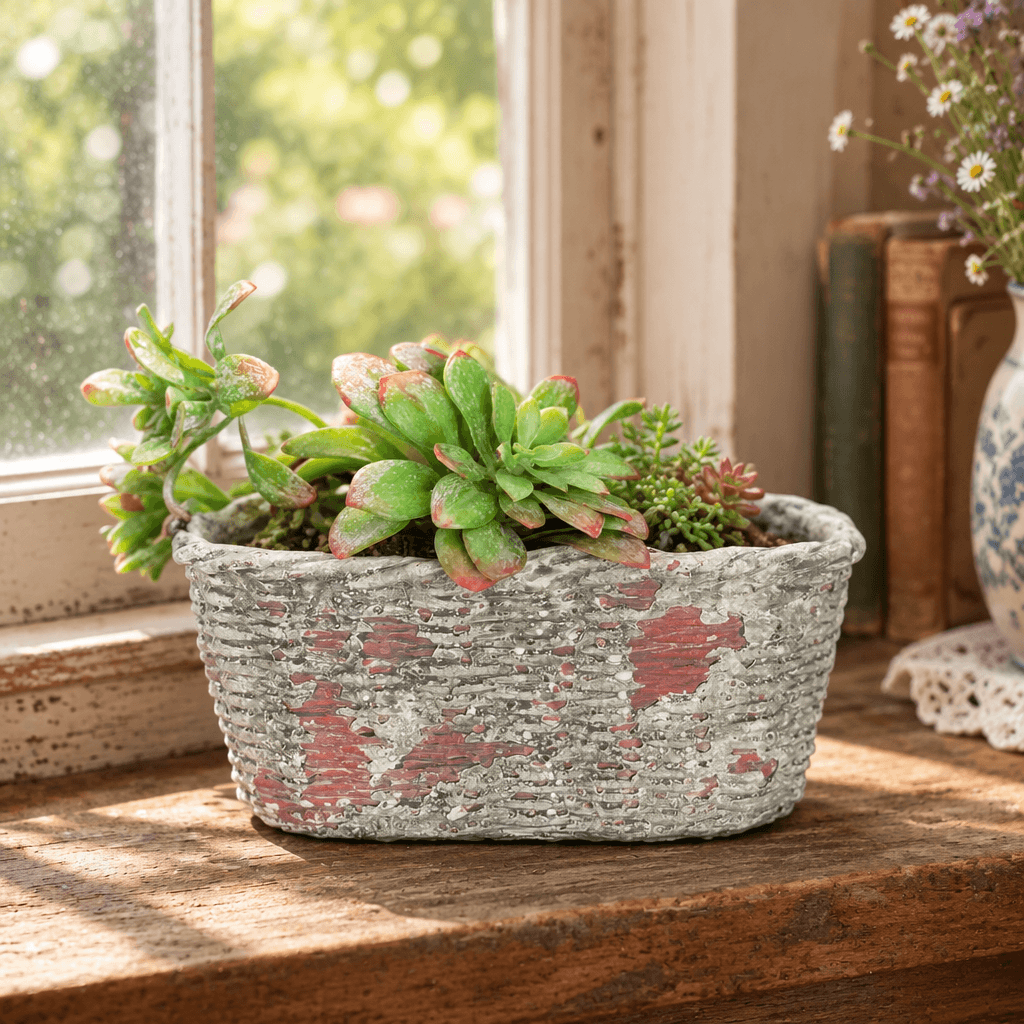Oval basket-weave concrete planter with succulents on a rustic wooden windowsill.