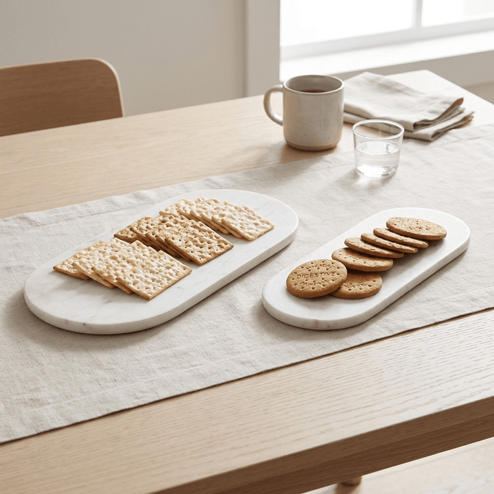 Oval White Marble Serving Trays, Set of 2