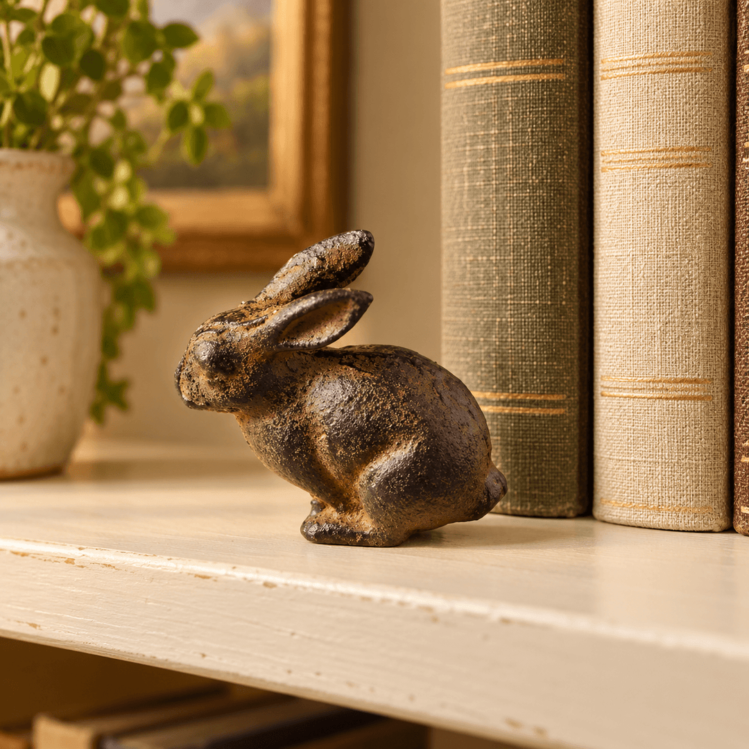 Petite cast iron rabbit beside linen-bound books on a cream shelf
