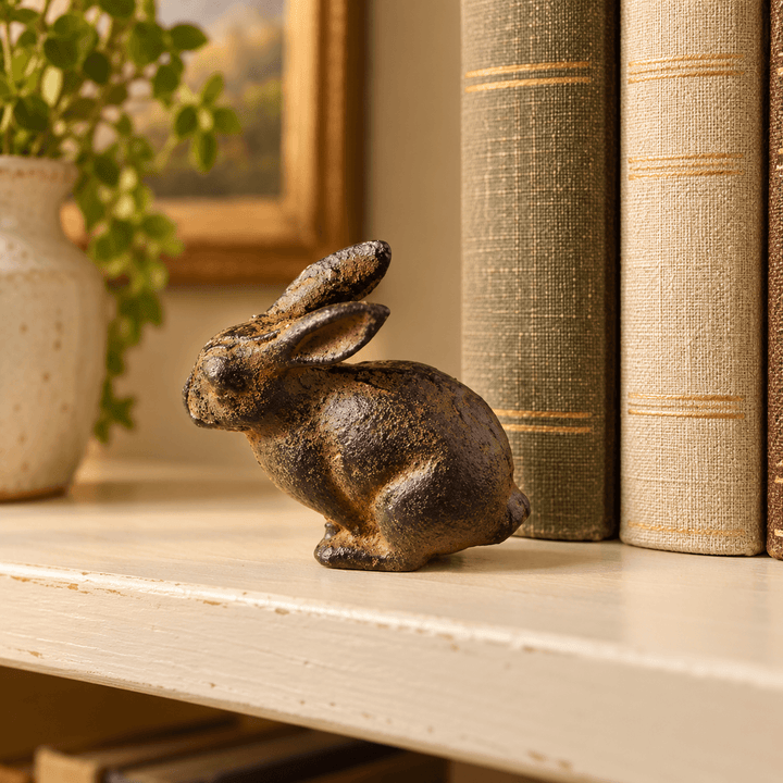 Petite cast iron rabbit beside linen-bound books on a cream shelf