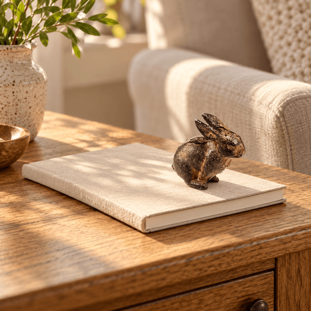 Small cast iron rabbit on a closed notebook beside a linen armchair