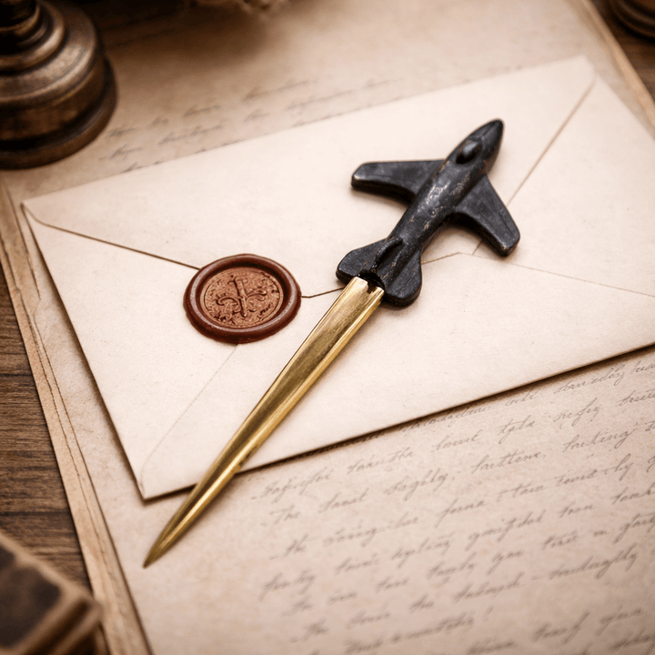 Pewter-finish airplane letter opener beside a sealed envelope