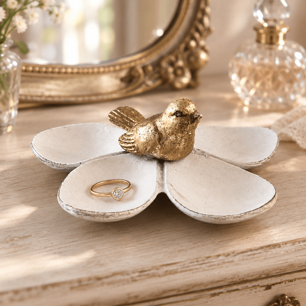 Flower jewelry dish with gold bird and a ring on a pale wood vanity
