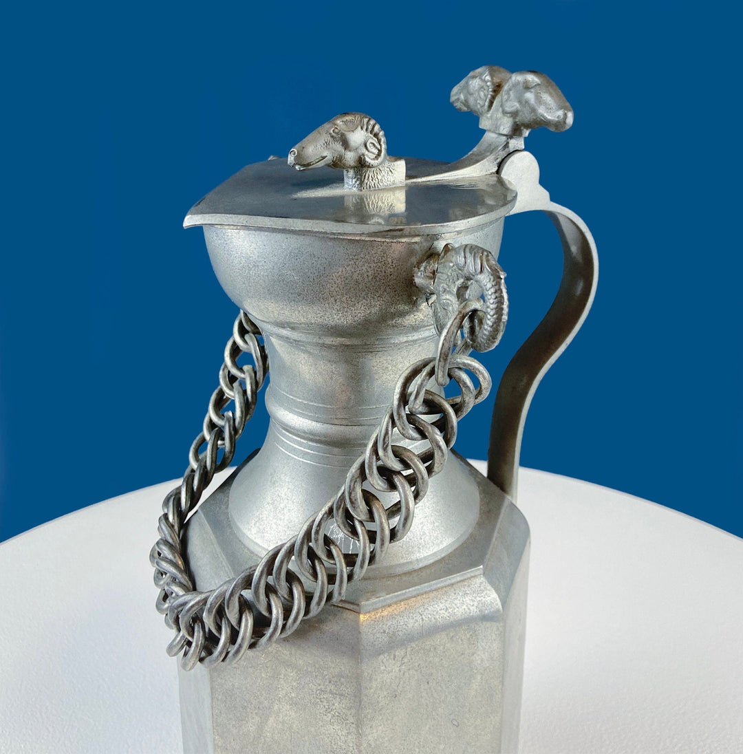 Pewter Jug with Ram Details & Chain. Swiss Aarau Hand Made Tankard Pitcher Vase. For Dry or Live Flowers. Rustic Home Display.