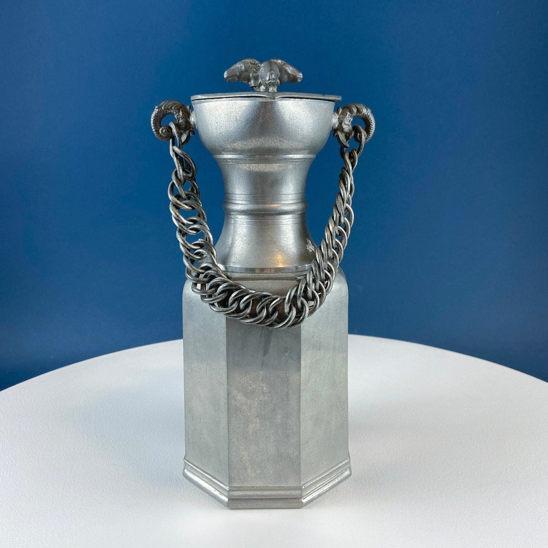 Pewter Jug with Ram Details & Chain. Swiss Aarau Hand Made Tankard Pitcher Vase. For Dry or Live Flowers. Rustic Home Display.