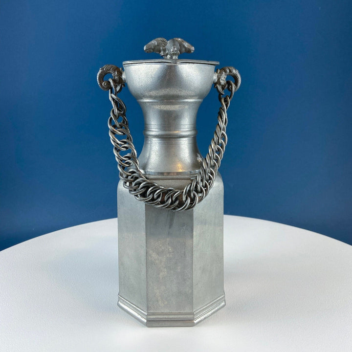 Pewter Jug with Ram Details & Chain. Swiss Aarau Hand Made Tankard Pitcher Vase. For Dry or Live Flowers. Rustic Home Display.